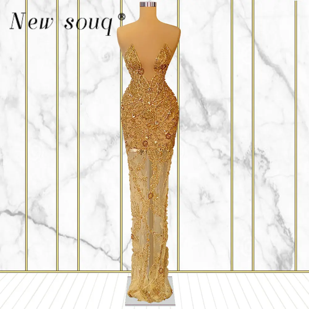 

Sparkly Gold Sexy Deep V Neck Long Eveniing Dresses for Women Sleeveless Mermaid Party Prom Gowns Beaded Vestidos De Noche