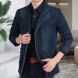 Mens Denim Blazer Male Suit Oversized Fashion Cotton Vintage Male Blue Coat Denim Jacket Slim Fit Pockets Men Jeans Suit Coat