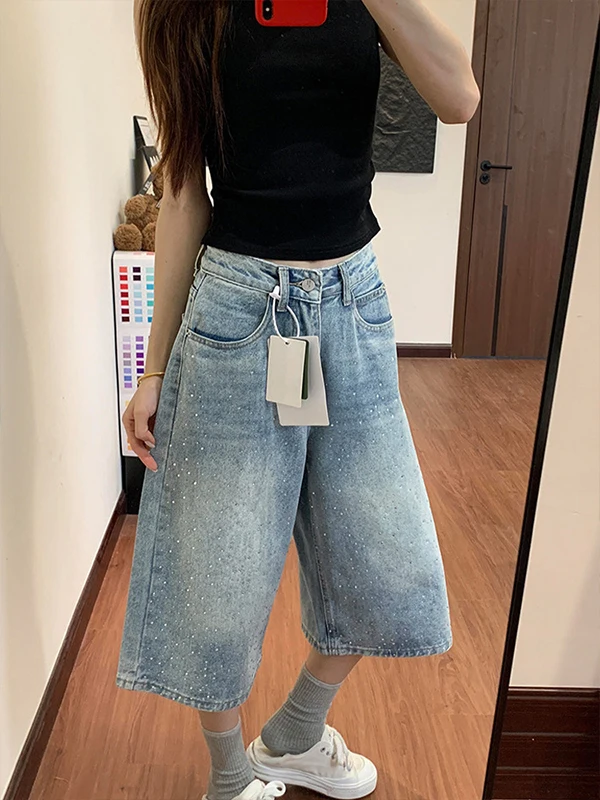 

High Waist Glittering Rhinestone Denim Jeans Women's Loose Wide Leg Pants Summer New Style plus Size for Pear Shaped Body