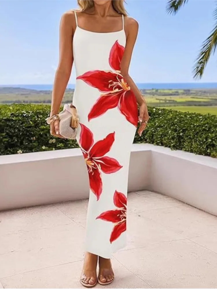 

Women Long Dress Split Bodycon Party Floral Print Spaghetti Strap Dresses Sexy Female Summer New Outfits Streetwear