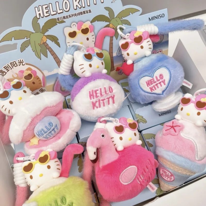 Hellokitty Katie peluche aromaterapia cambio de Color caja ciega colgante serie de verano cuero negro juguete de dibujos animados de moda regalo