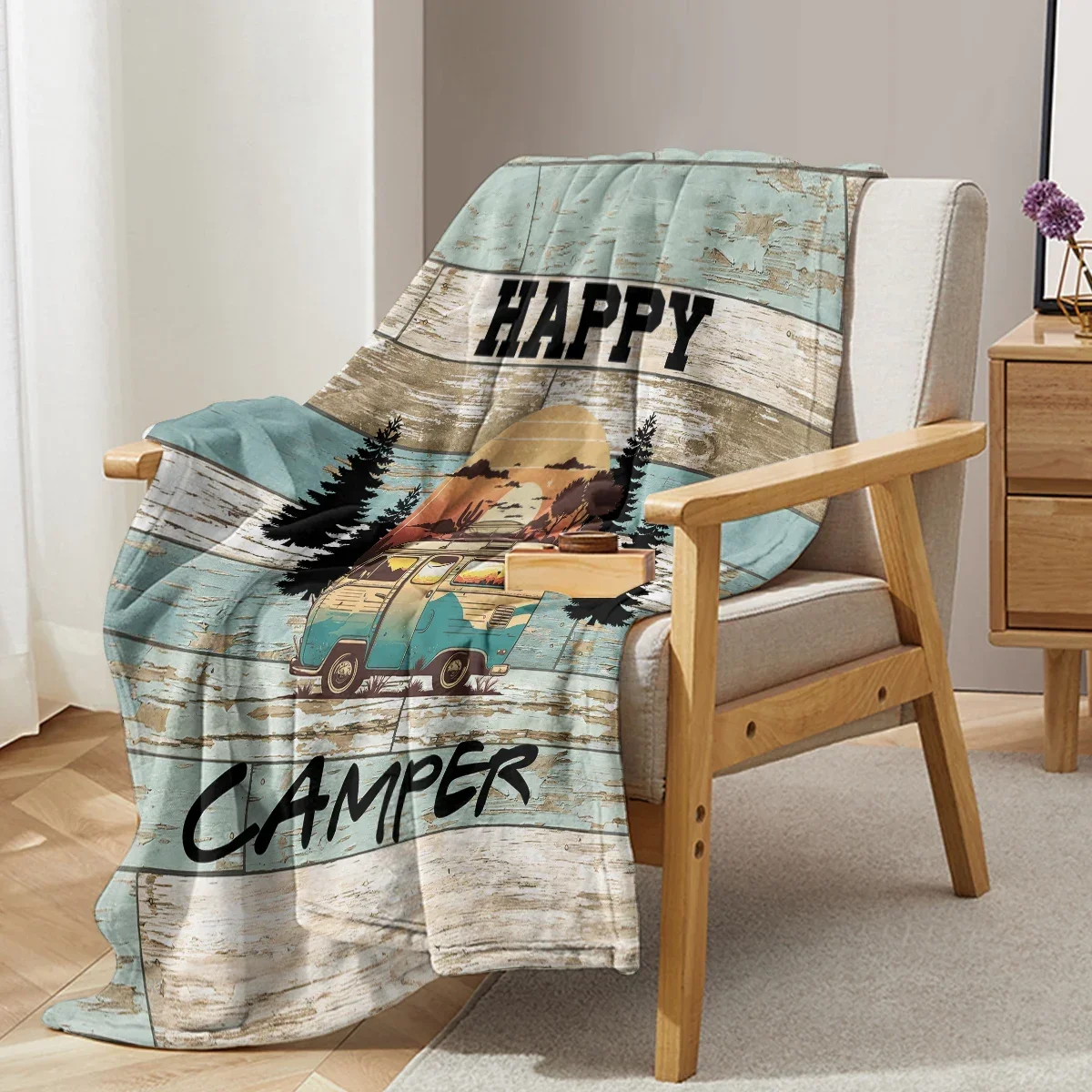 Holzmaserung Glücklich Camping Bus Muster Wurf Decke Weiche Gemütliche Fleece Flanell Decke Für Couch Schlafs Ofa