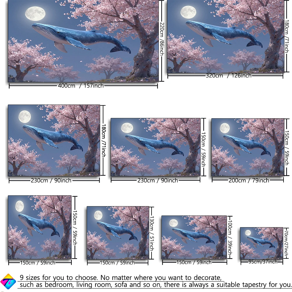 Moonnight Whale Cherry Blossom Tapestry 2D Printer Washing Suitable for Bedroom, Study Room, Living Room Wall Decoration