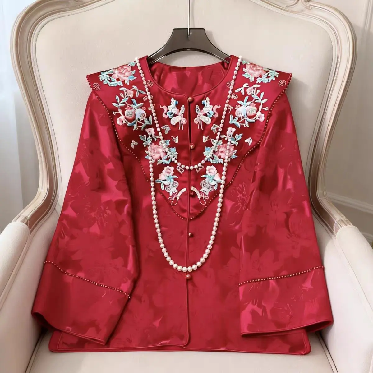 

High-end Spring Chinese New Year Silk Coat Embroidery Women Elegant Loose Red and Pink Coat S-XXL