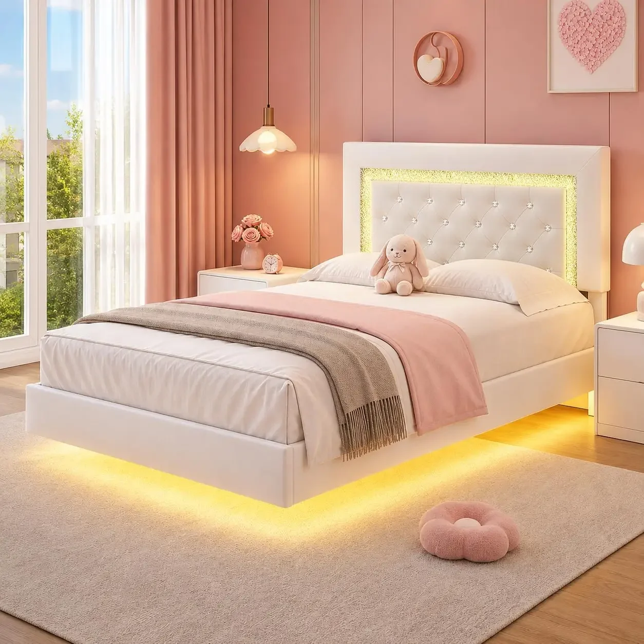 Floating Bed Frame Twin with LED Lights, Upholstered Platform Bed with Diamond Headboard, No Box Spring Needed, Noise Free, Easy
