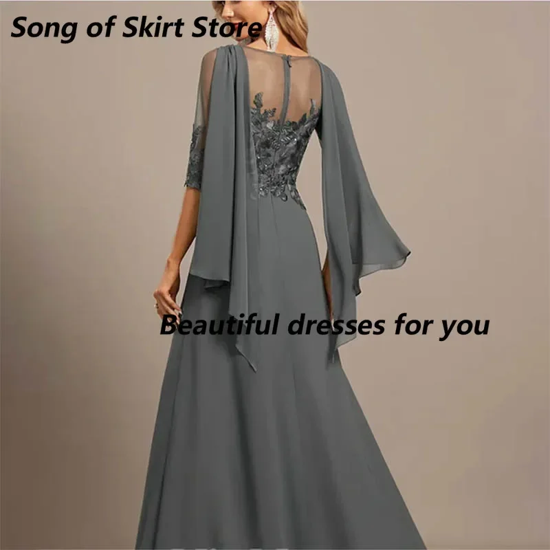 Customized Elegant Half Sleeves Chiffon Wedding Guest Dresses for Bridegroom Mother Lace Applique A-Line Evening Party Dresses