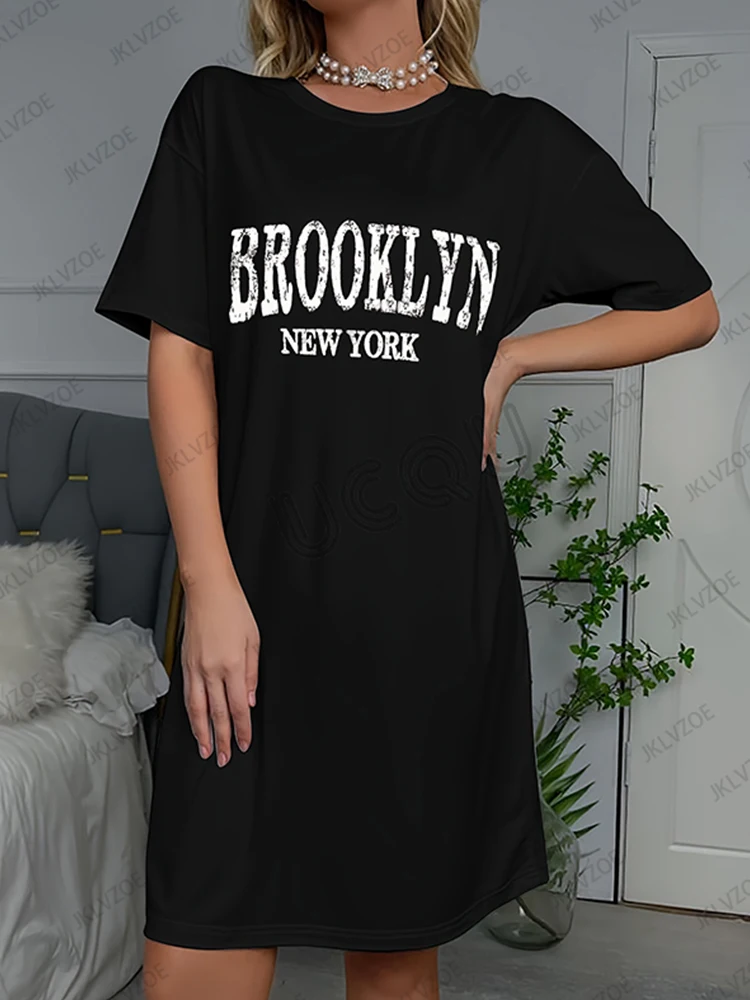 Nova arriavl verão brooklyn carta impressa feminina manga curta camiseta vestido cor sólida solta casual esportes moda vestido
