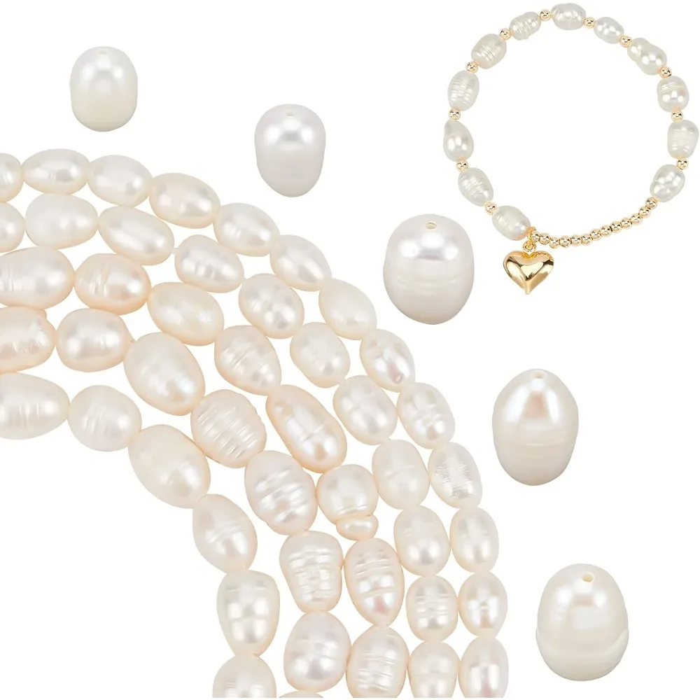 Freshwater Pearl Beads, 110pcs 5 Styles 6-10mm Oval Crafting Pearl Beads White Rice Pearl Loose Beads with 0.5~0.7mm Hole