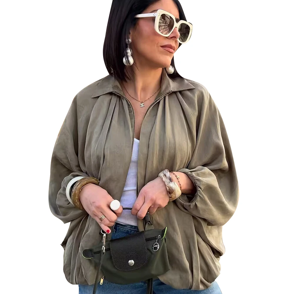 

OHSUNNY Women's Loose Bat Sleeve Puffy Shirt,Pilot Zipper Jacket Blouse,Outdoor Street Casual Trendy Coat for Spring & Autumn