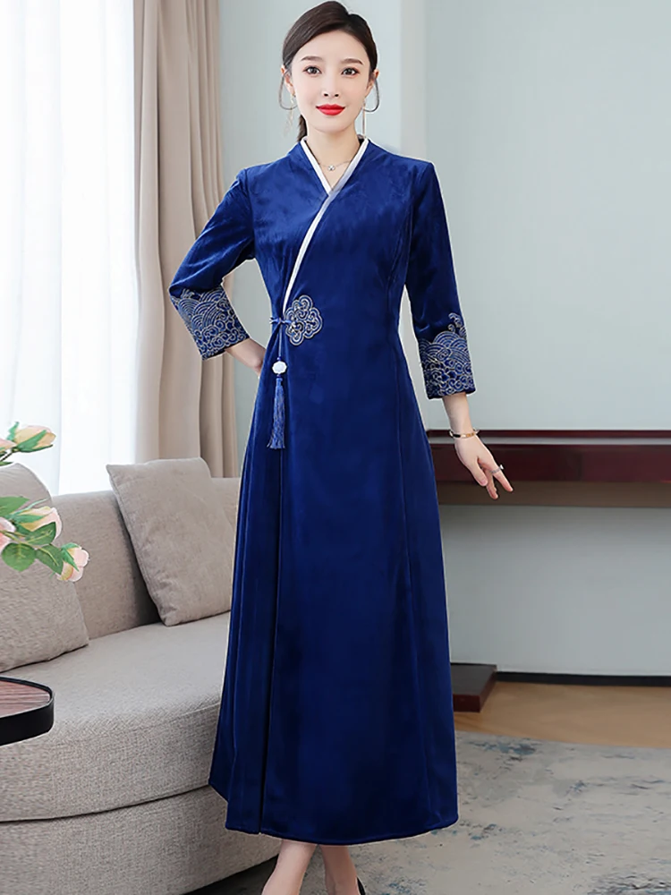 

Autumn Winter Blue Velvet Print Long Sleeve Maxi Dress 2024 New Chic Tassel Vintage Prom Clothing Women Elegant Bodycon Vestidos