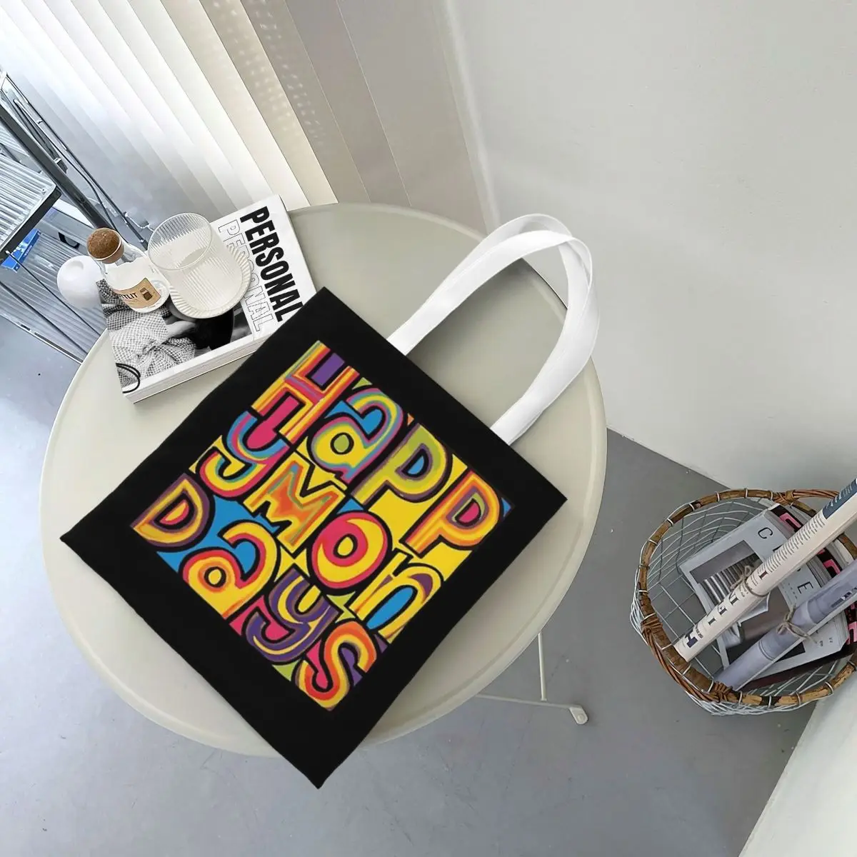 กระเป๋าช้อปปิ้ง Happy Mondays ผ้าแคนวาส กระเป๋าโท้ทแบบพับได้สำหรับเด็กผู้หญิง กระเป๋าสะพายไหล่ กระเป๋าเดินทาง