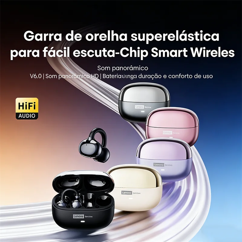 Fone de Ouvido Bluetooth 6.0 Lenovo LE302 Sem Fio com Longa Duração de Bateria, Fones de Ouvido Esportivos com Clip para a Orelha, HIFI Estéreo com Cancelamento de Ruído