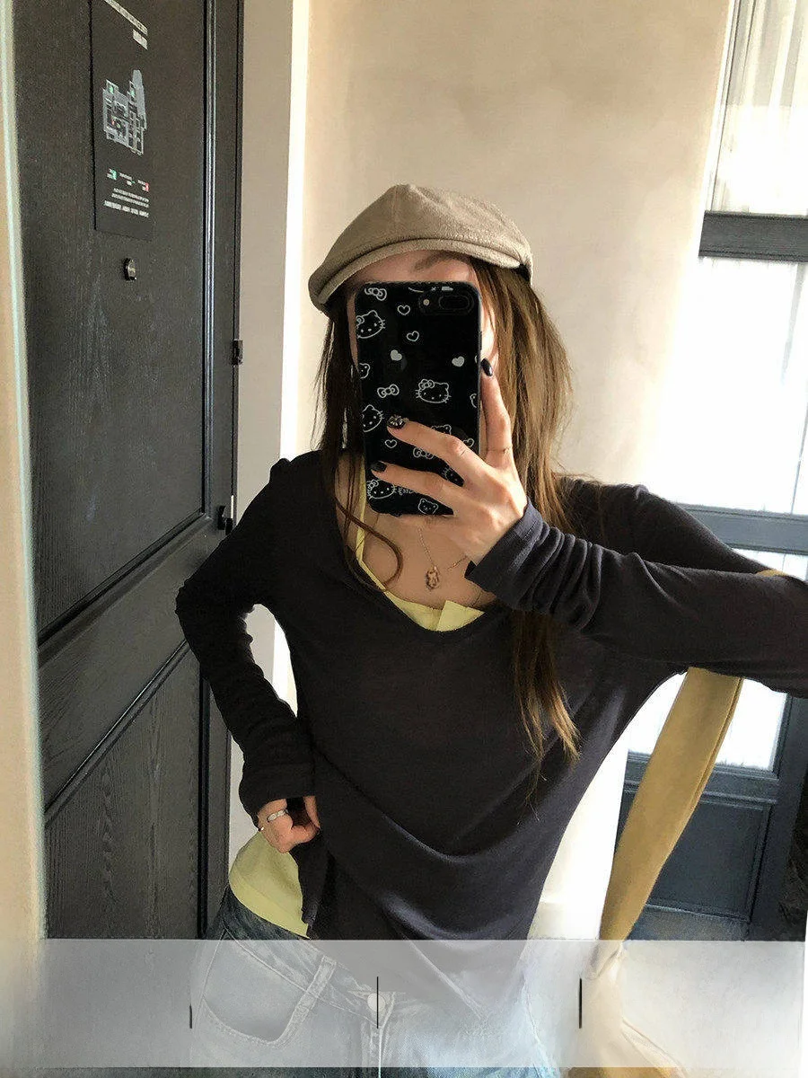 

Женский винтажный жилет Linyunyun с желтыми бретелями, приталенный топ для многослойной носки, для повседневной носки, с длинными рукавами, круглым вырезом, в стиле Ciwalk Fashion