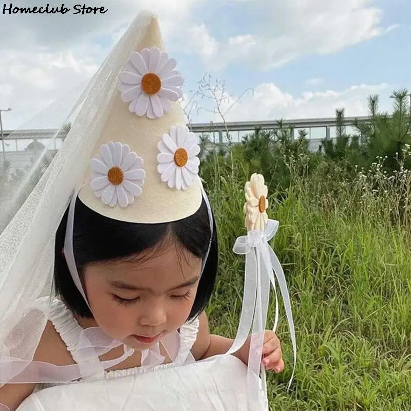 First Kids Birthday Daisy Felt Hat Three-dimensional Daisy Felt Hat Birthday Daisy Hat Baby Girl Flower Party Hat Mesh Headwear