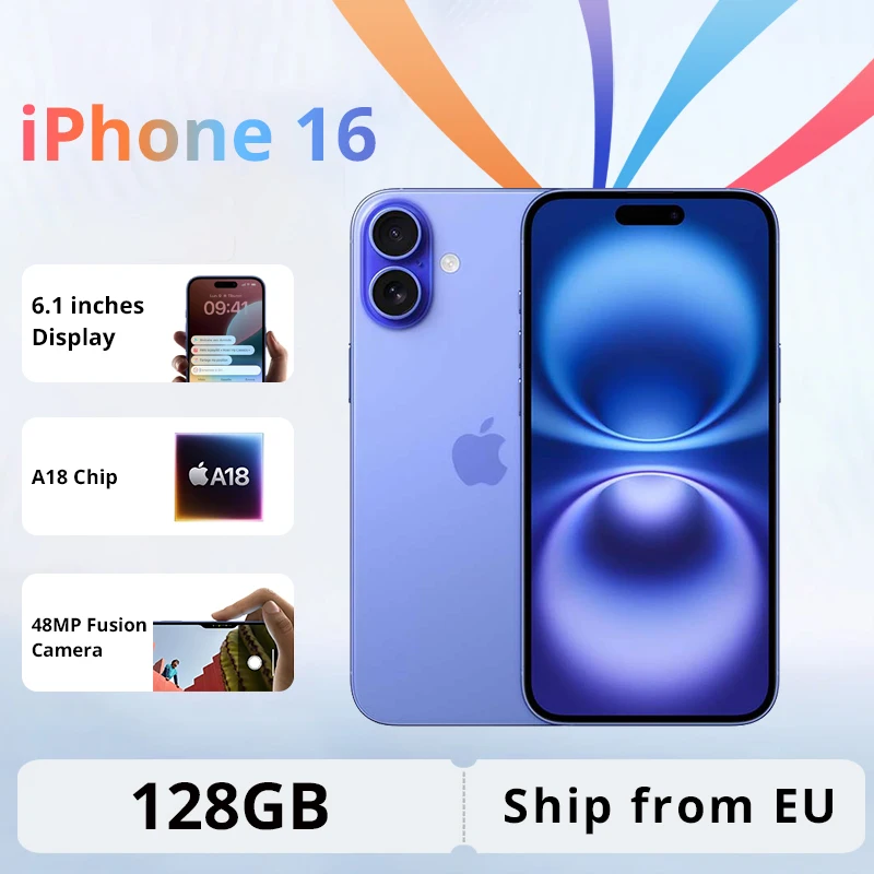 Apple iPhone 16 128 Go Écran OLED 6,1'' Puce A18 Caméra arrière 48 MP IP68 Reconnaissance faciale Double eSIM NFC