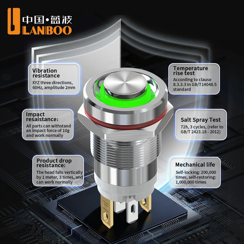 LANBOO 12mm High Current 7A 4 Pin Waterproof IP67 Latching/Momentary Micro Metal Push Button Switch with LED for 24V/220V Applic