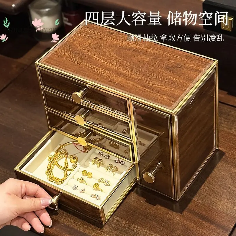 Jewelry Box Gold Jewelry Storage Box Light Luxury High-end Earrings Ears Ring Glass Jewelry Box