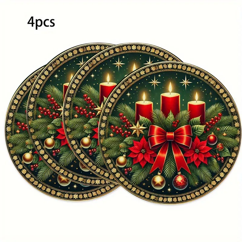 VIKAMA Linen Round Placemat, Burgundy Gold Wreath Design, Washable Stain Resistant Easy Clean, Elegant Christmas Table