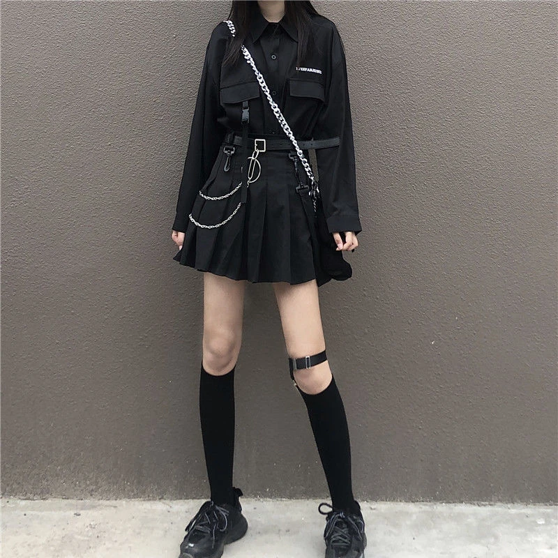 Emo T Shirt Women Aesthetic Clothes Female Hip Hop Black Top Y2k Skirt Set Grunge E-Girl Mall Goth T-Shirts Techwear Dress Indie