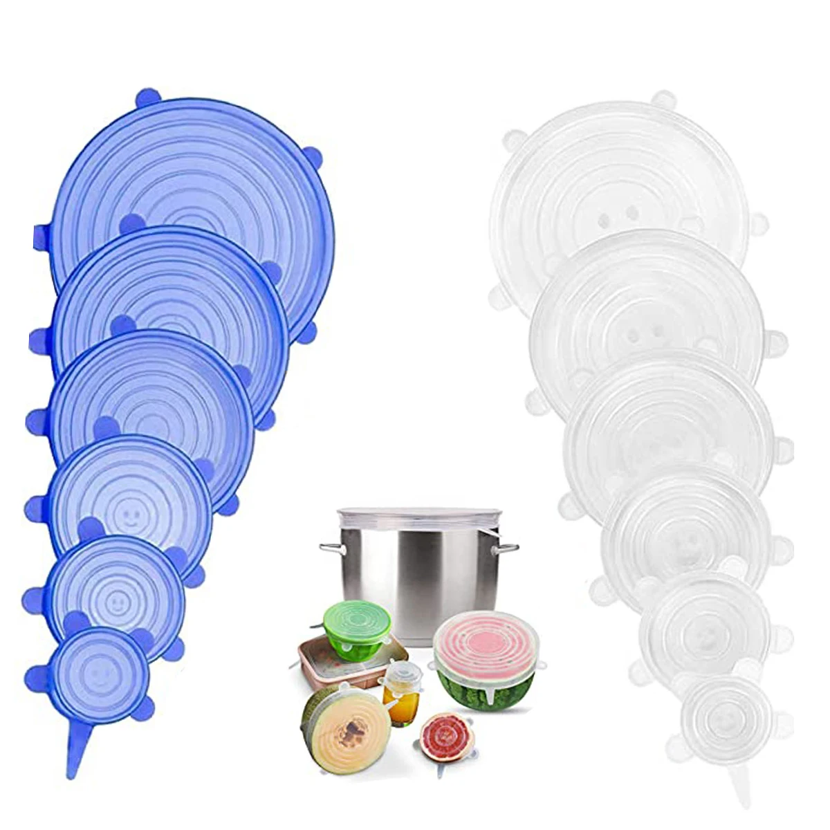 

12 PCS Round Food Cover Adjustable Elastic Silicone Cap Reusable Kitchen Utensil for Cans Dishes Bowl Refrigerator Storage