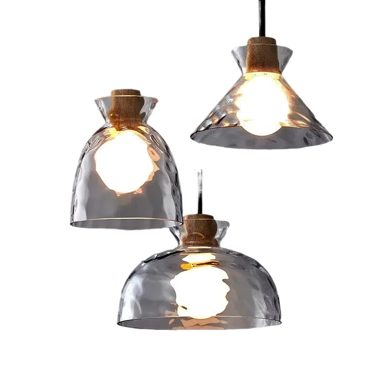 

Art Ripple Glass Pendant Lamp Japan Style Wood Suspension Light Cafe Bar Hotel Bistro Dinning Room Hanging Ceiling Chandelier