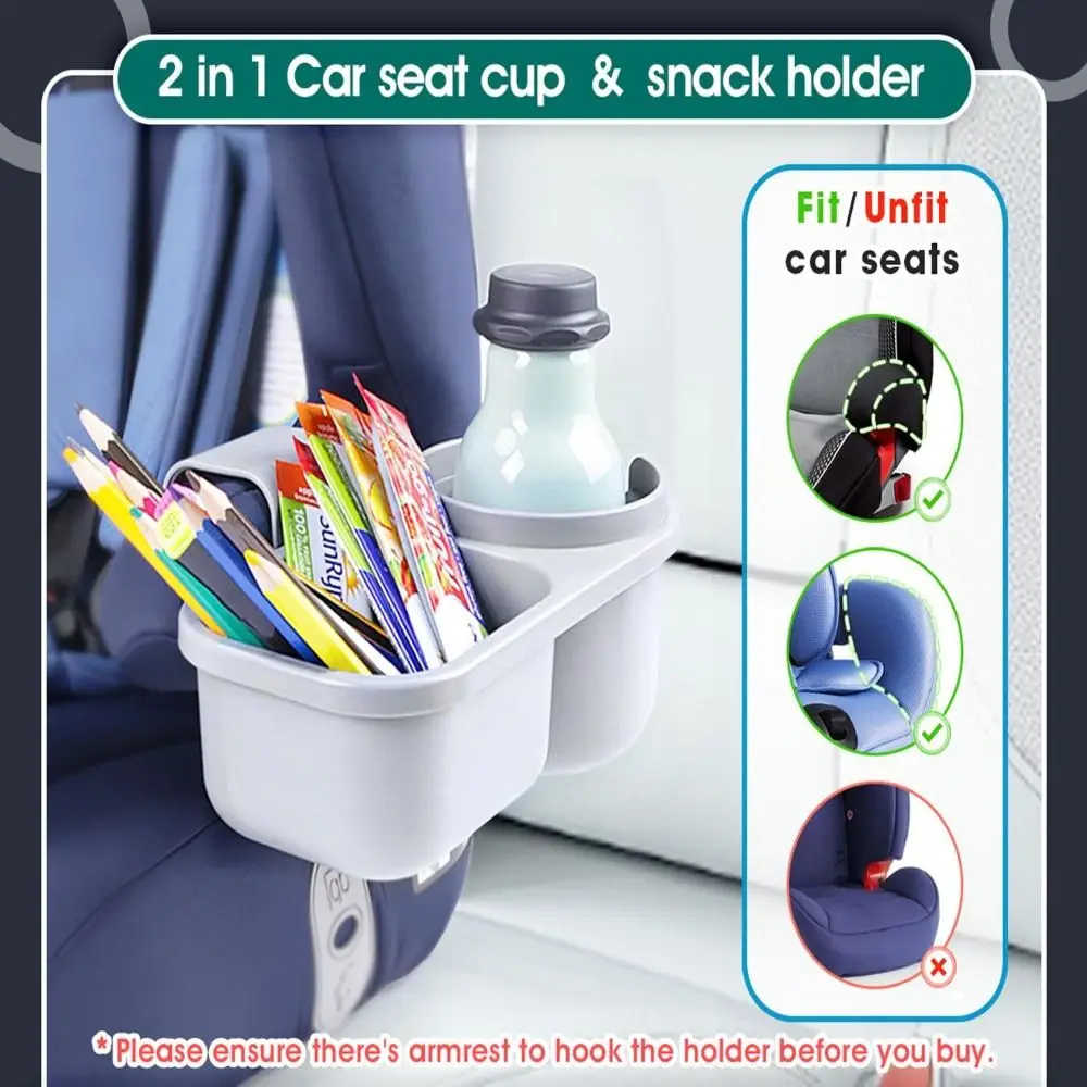 Universal Child Cup Holder Snack Tray 2 Compartments Side Hanging Car Seat Cup Holder Anti-Slip Cup Slot Kids Car Seat Cup