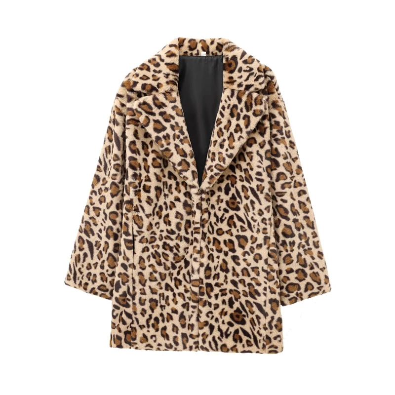 

Leopard Print Winter Women Artificial Fur Coat Street Style Fashion Elegant Lady Tops Casual Warm Clothing Streetwear