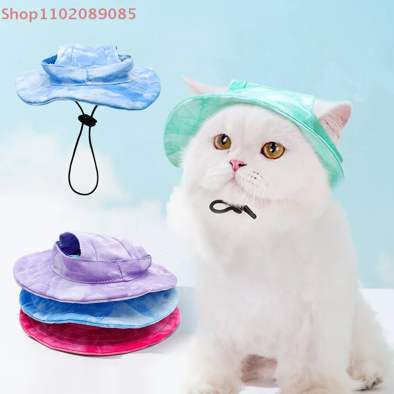 

Шляпа для домашних животных Tie Dye с отверстием для ушей, круглые поля, шляпа от солнца для собак, щенков, кошек, шляпа-ведро, декоративные аксессуары для домашних животных