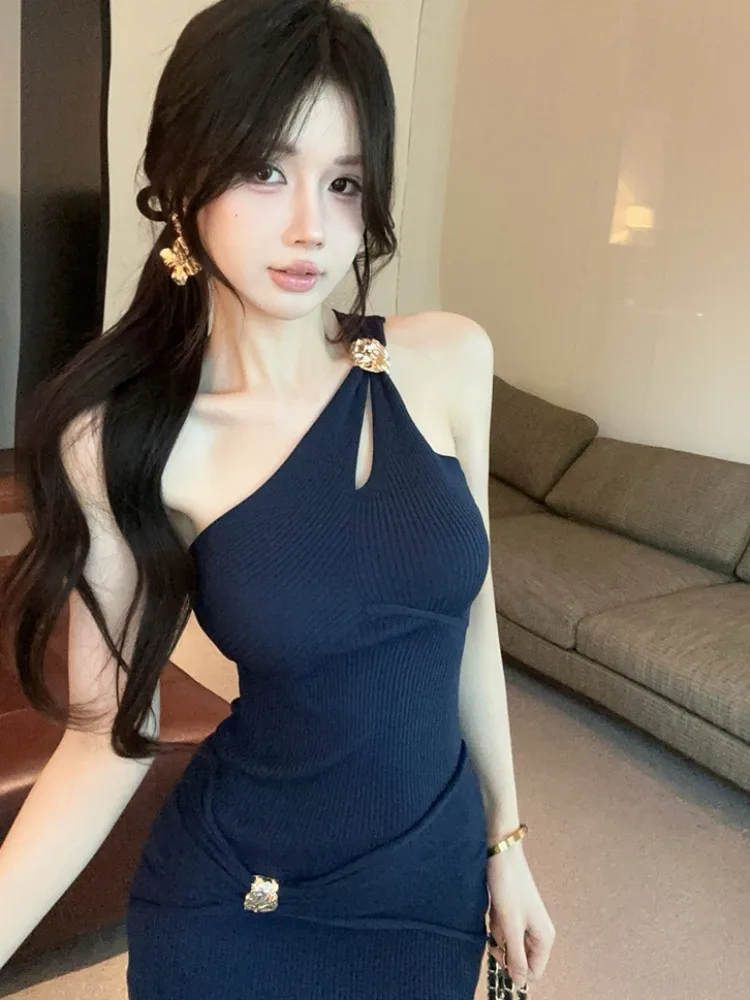 

Slimming Hollow out Shoulder Bared Side Collar Short Dress Women's Korean Style Commute Pure Desirable Sexy Summer New Arrival