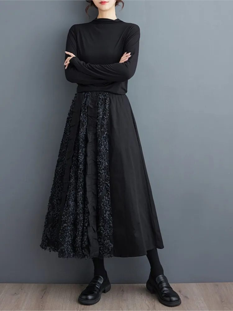 Oversized cintura alta outono saia longa feminina retalhos moda solta plissado senhoras saias casuais preto mulher saia