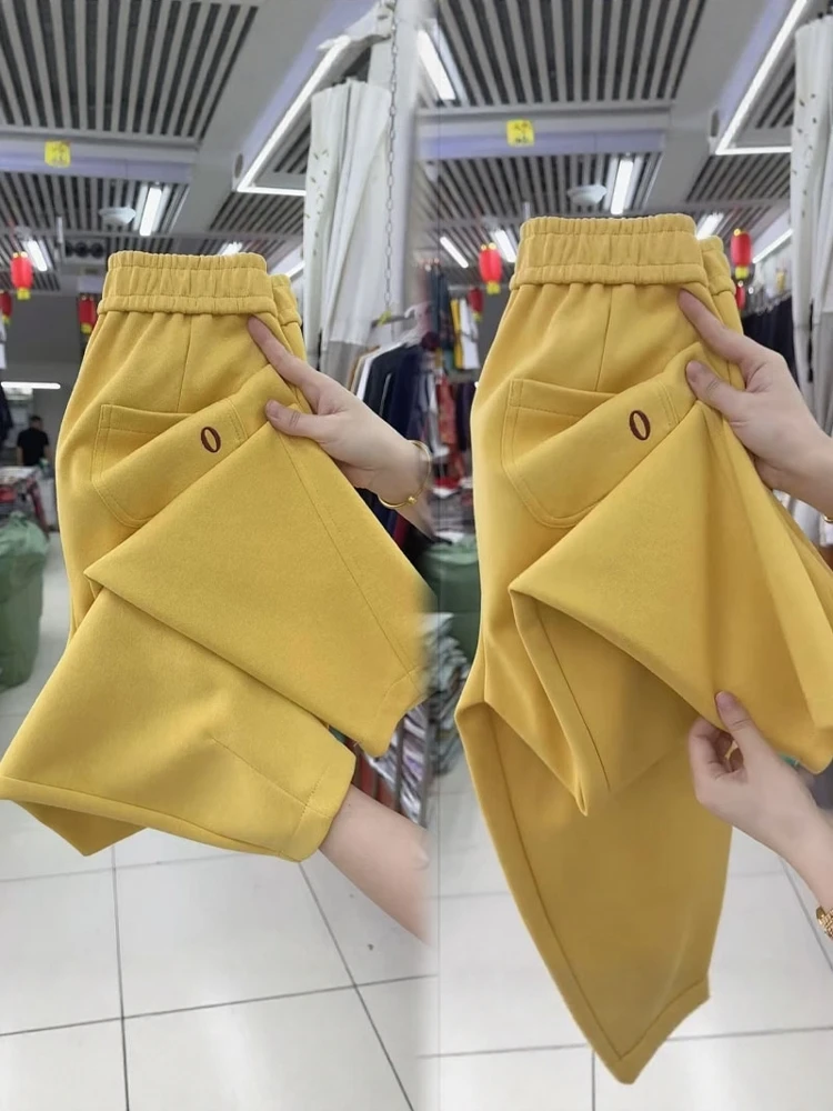 Cintura alta solta ajuste harlan calças femininas plus size casual perna reta nove peças calças de inverno sli calças quentes das senhoras