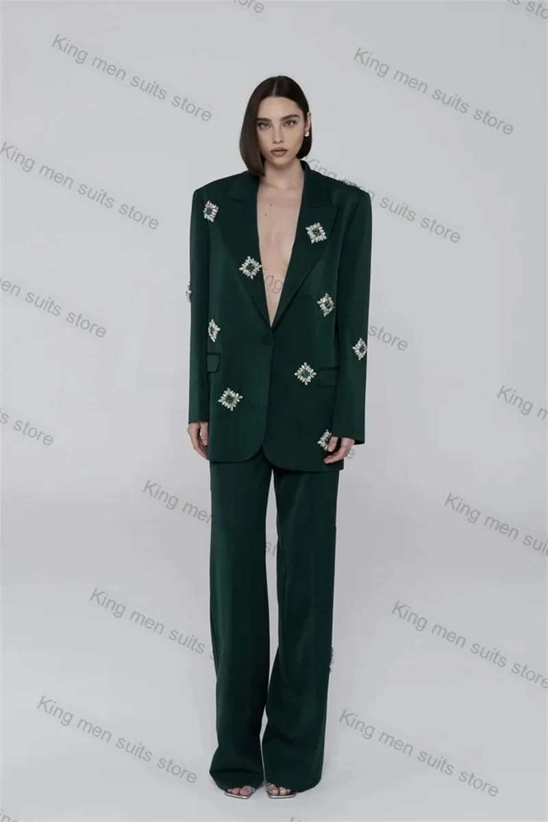 

Green Office Women Suit Set Wedding 2 Piece Jacket+Pants Feather Crystals Formal Office Lady Tuxedo Prom Dress Custom Size Coat