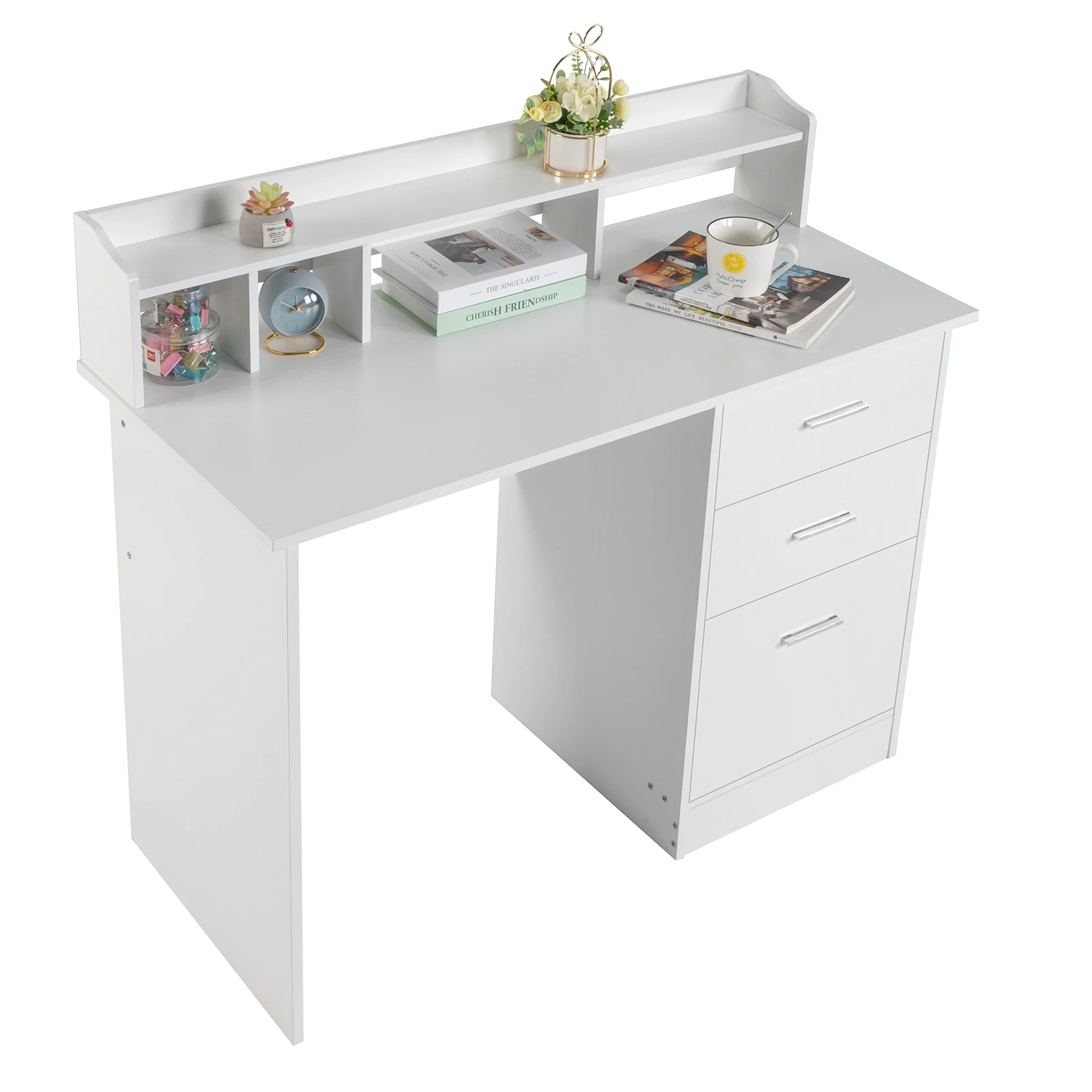 FCH-Panneau de particules en triamine, 110x50x95cm, couche de stockage de bureau, trois mèches de proximité, bureau d'ordinateur, bois blanc Mars