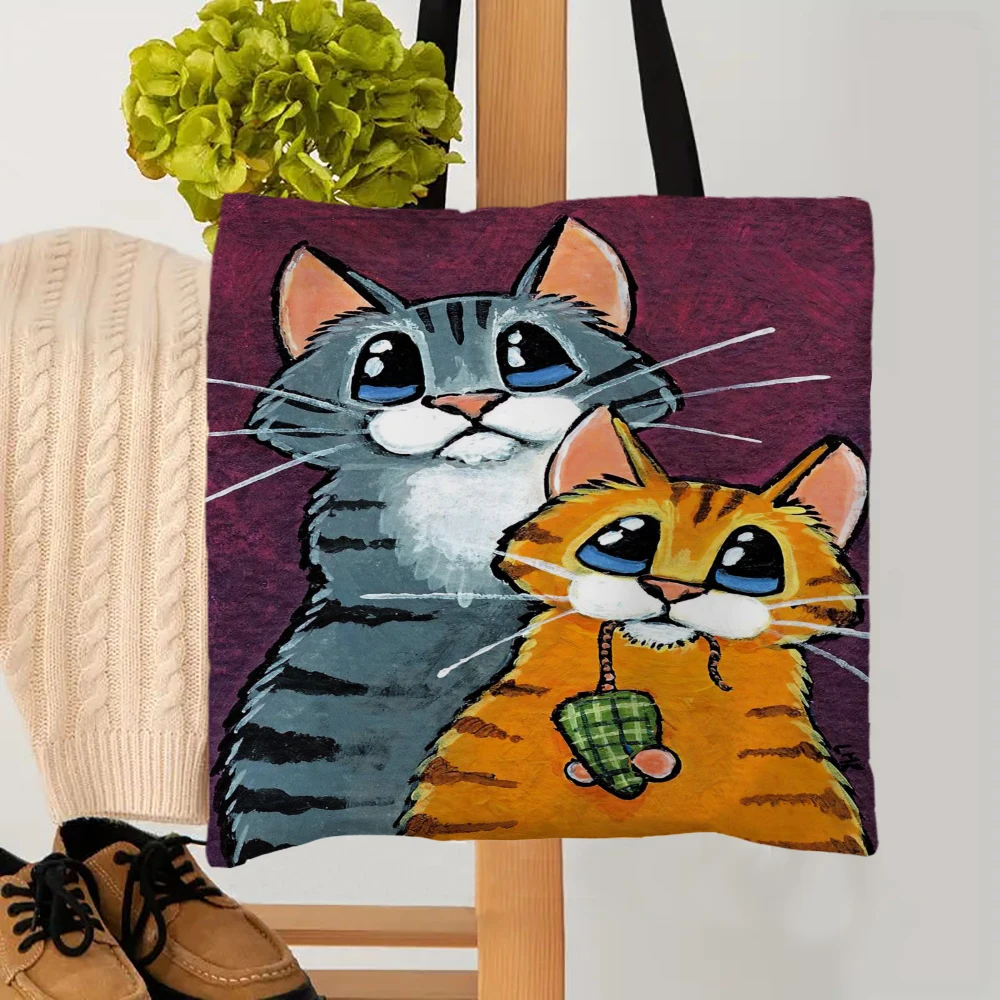 Kawaii CAT Print Tragetaschen Damen Handtasche Süße Mädchen Leinen Umhängetasche Damen Große Einkaufstasche 7.10