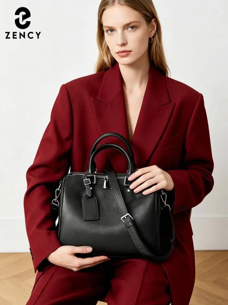Zency Women's Retro Genuine Leather Boston Bag Shoulder Bag Large Capacity New Trendy Cross Body Leather Top Handle Handbag