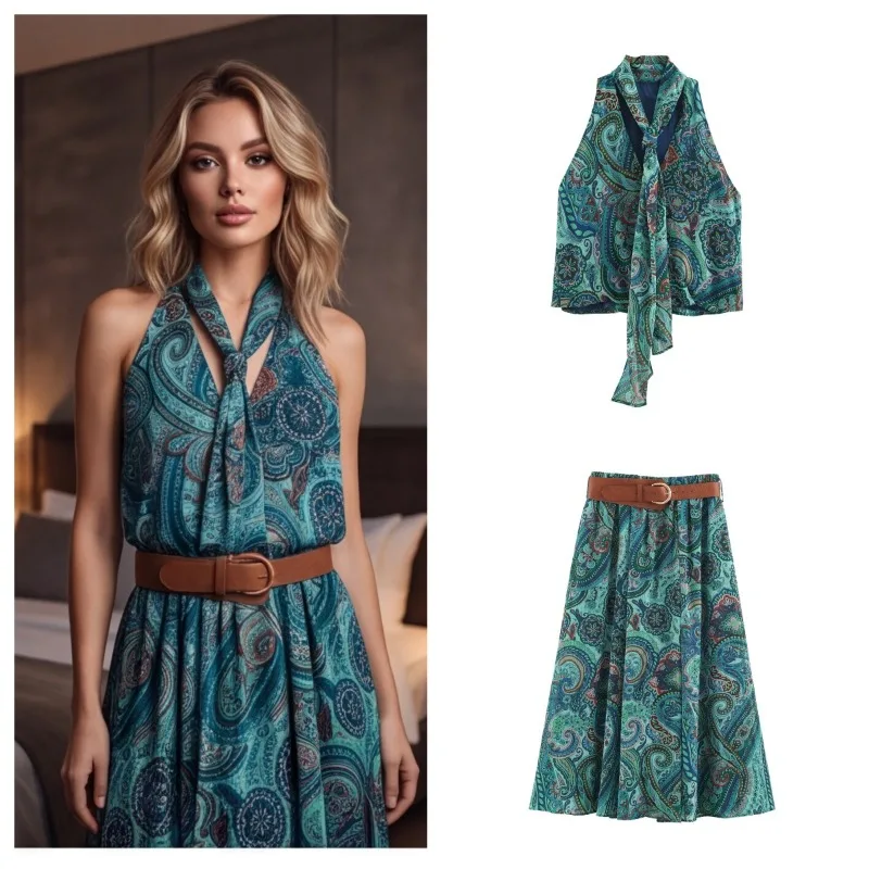 Vintage Printed Belt Long Skirts Two Piece Sets for Women 2026 Summer Chic Tied Top Suits Comfortable Date Outfit