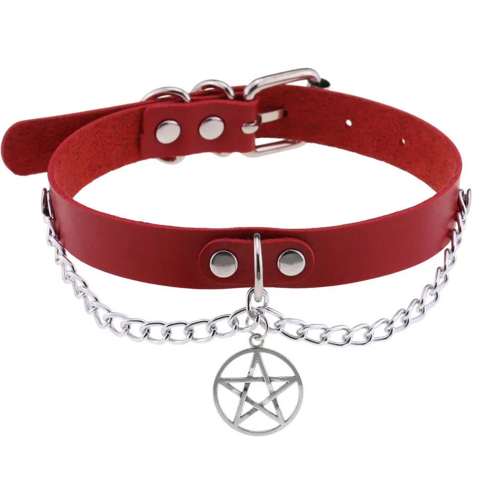 Punk Harajuku Rock and roll Simple Individuality Charm Leather Chain Five-pointed star Collarbone chain Star pendant Choker