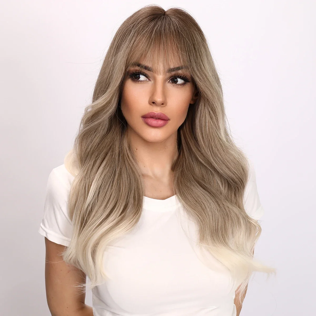 Grey To White Long Wavy Wigs With Straight Bangs For Women Cosplay Party Daily Synthetic Heat Resistant Wigs