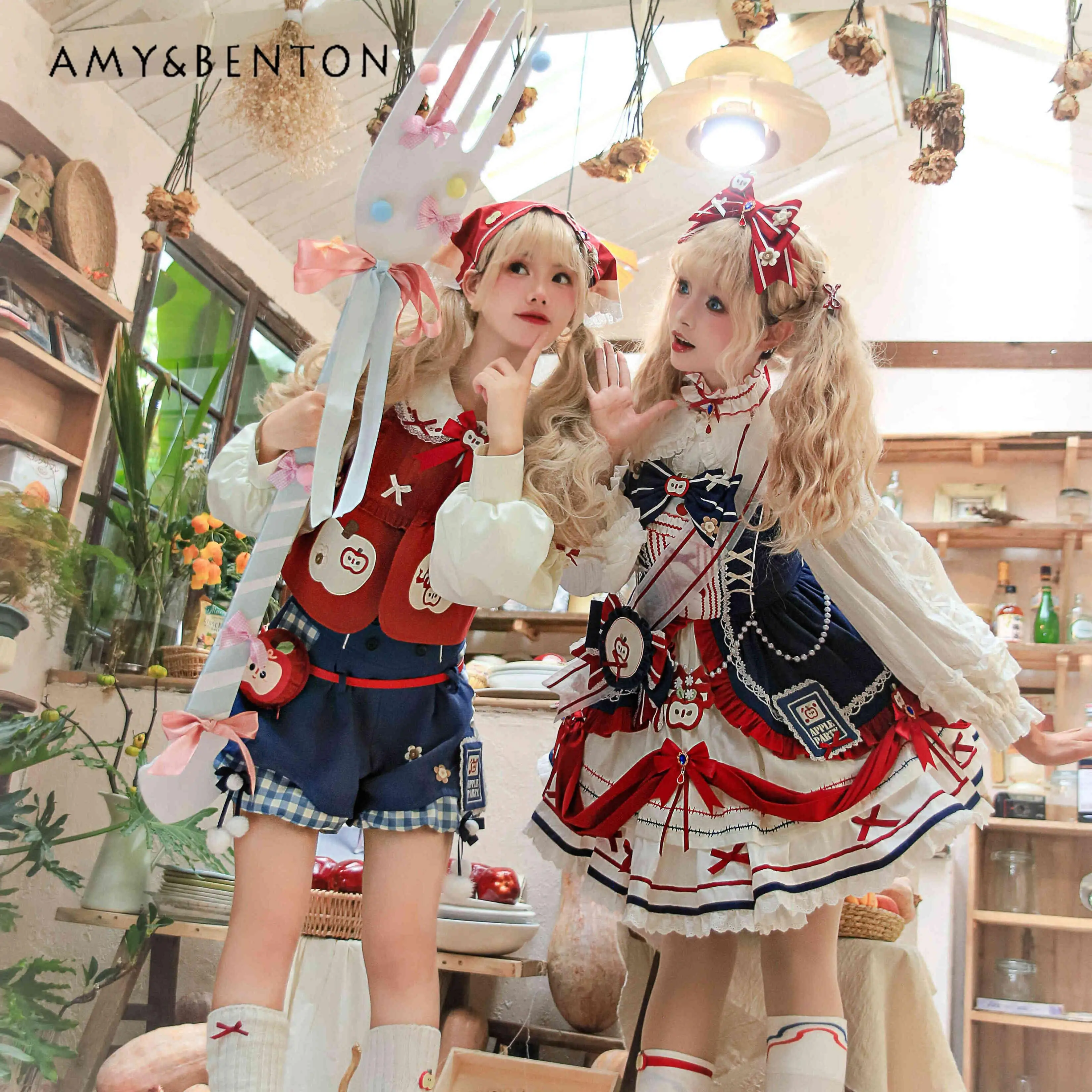 Lolita original dos desenhos animados impresso conjunto doce boneca colarinho lanterna manga camisa colete cintura alta xadrez shorts fofos conjunto de três peças