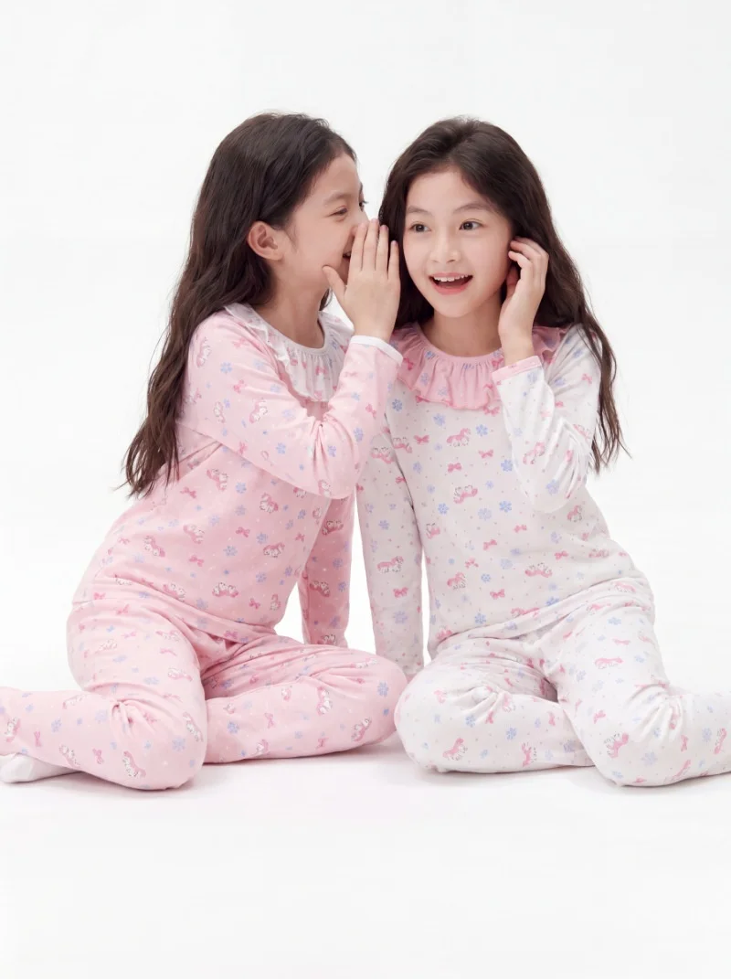 Autumn Children Sweet Style Pajamas Set Cute Pony Ruffle Collar Top+Pants 2Pcs Clothes for Girls Soft Kids Sleepwear