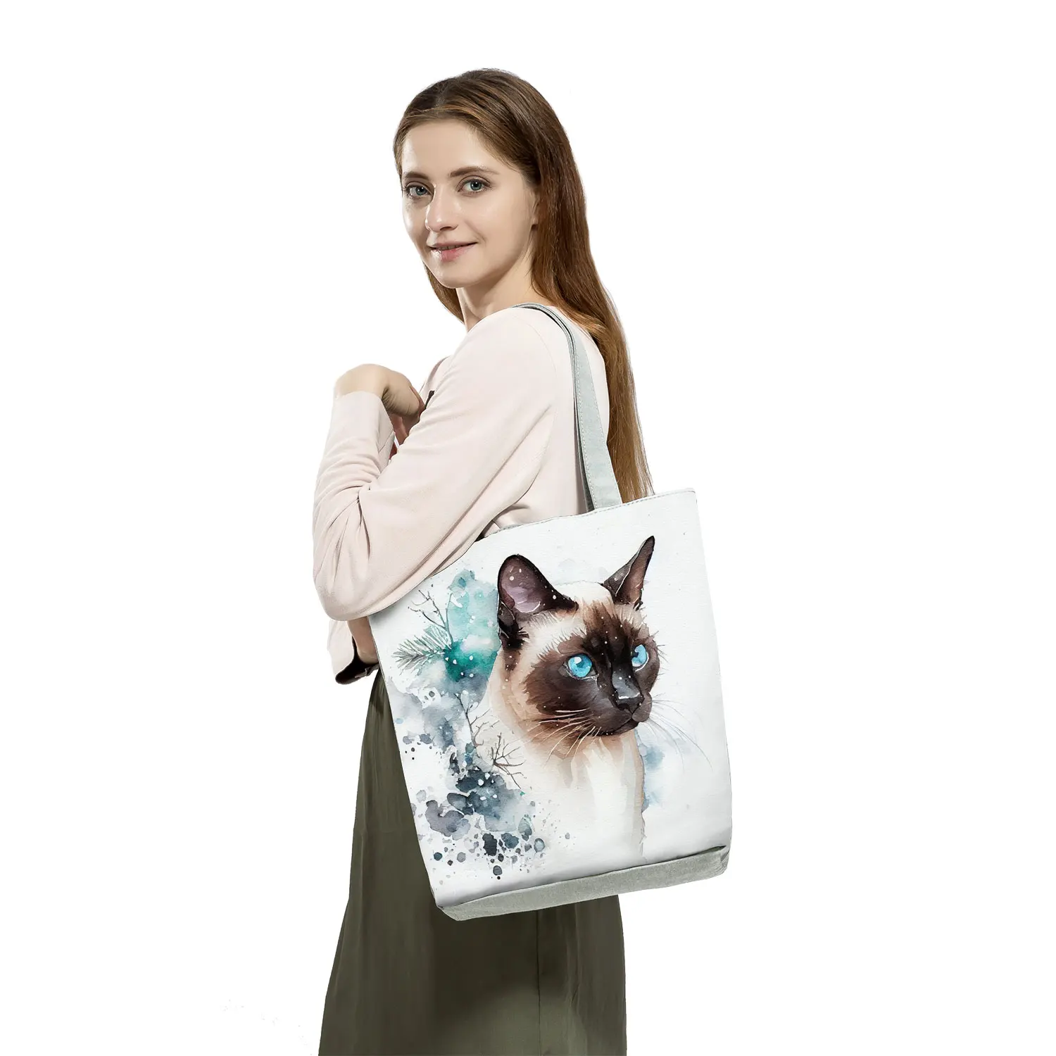 Cute Watercolor Cat Print Handbags High Capacity Casual Women Tote Bags Pretty Cartoon Shopping Bags Foldable Travel Beach Bags