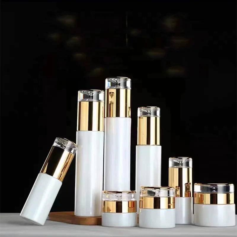 

20/30/50g Cream Jar 20-120ml Lotion/ Spray Pump Bottle Perfume/Toner Bottle Empty Pearl White Glass Cosmetics Container