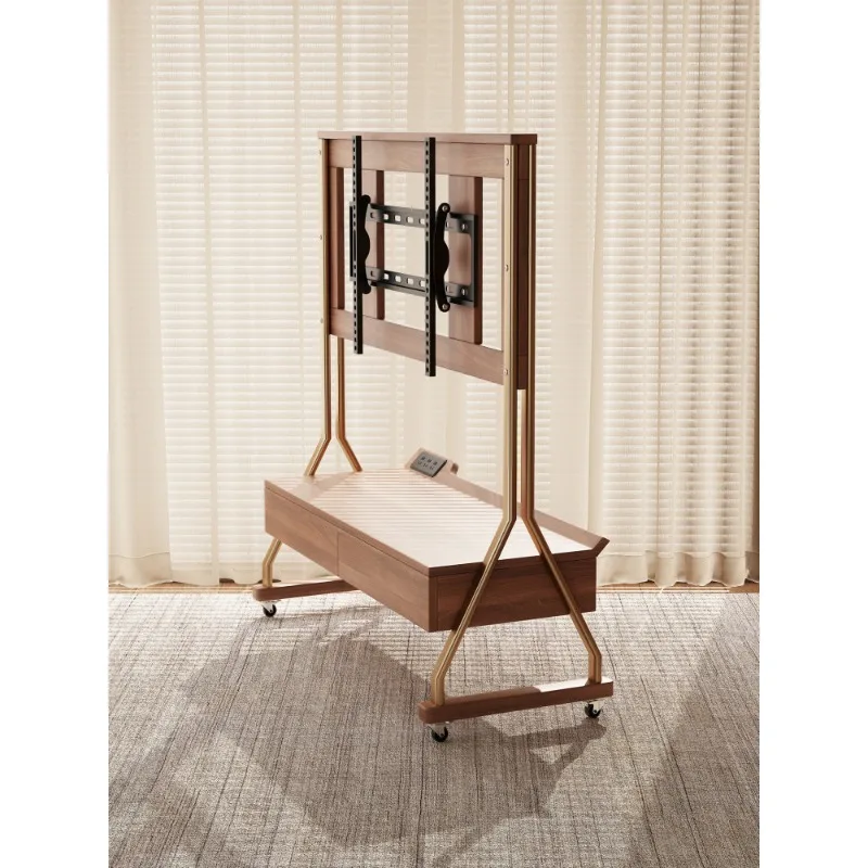 Solid wood movable TV cabinet floor-to-ceiling small apartment household wheeled storage TV bracket
