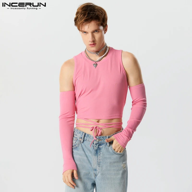 Men Irregular T Shirt Solid O-neck Lace Up Off Shoulder Fitness Casual Crop Tops 2023 Streetwear Fashion Camisetas S-5XL INCERUN