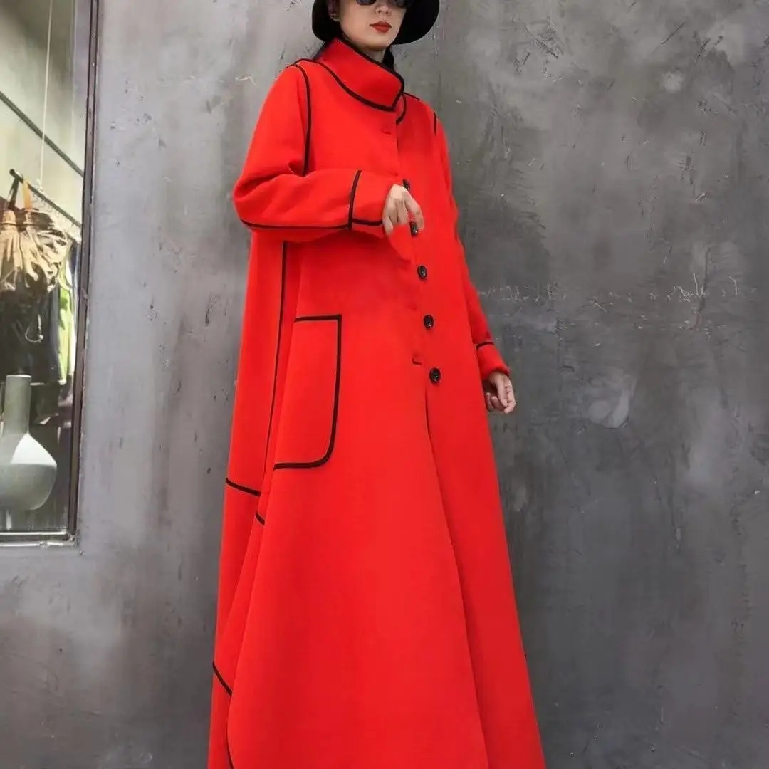 Vefadisa 2024 Autumn/Winter New Orange Women Market Wool Coat Stand Collar Long Sleeve Pocket Decoration Mid-length Coat ZXY882A