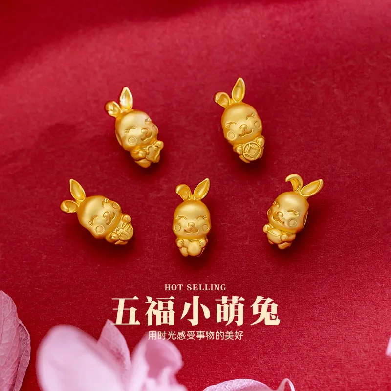 9999 Real Gold 24K 3D Hard Gold Wufu Rabbit Versatile Handmade Bracelet with Beads Rabbit DIY Bracelet Loose Beads