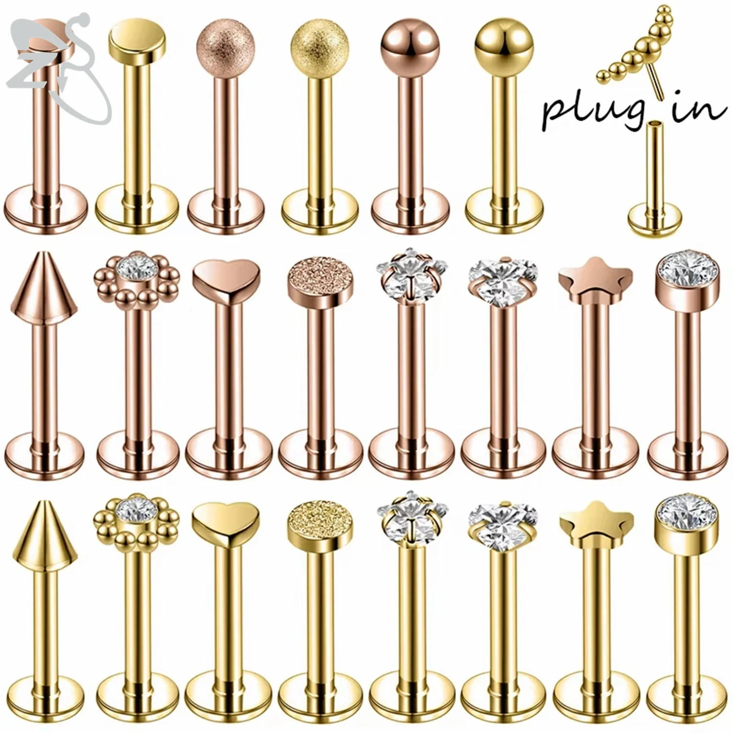 

ZS 1 PC 16G Rose Gold Plated Stud Earring Zircon Lip Studs Star Moon Labret Lip Piercing Jewelry Crystal Helix Conch Piercings