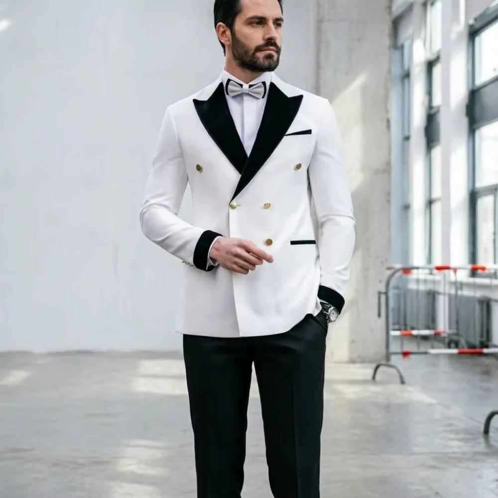 Double Breasted White Wedding Tuxedo Men Vintage Style Tuxedo With Contrast Trim Stylish Formal Party Blazer Slim Fit Men Suits