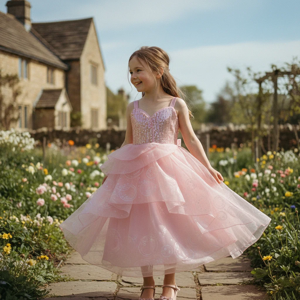 

Нежное к коже блестящее розовое платье с пышной юбкой с оборками – удобный костюм для школьных танцев и сценических выступлений