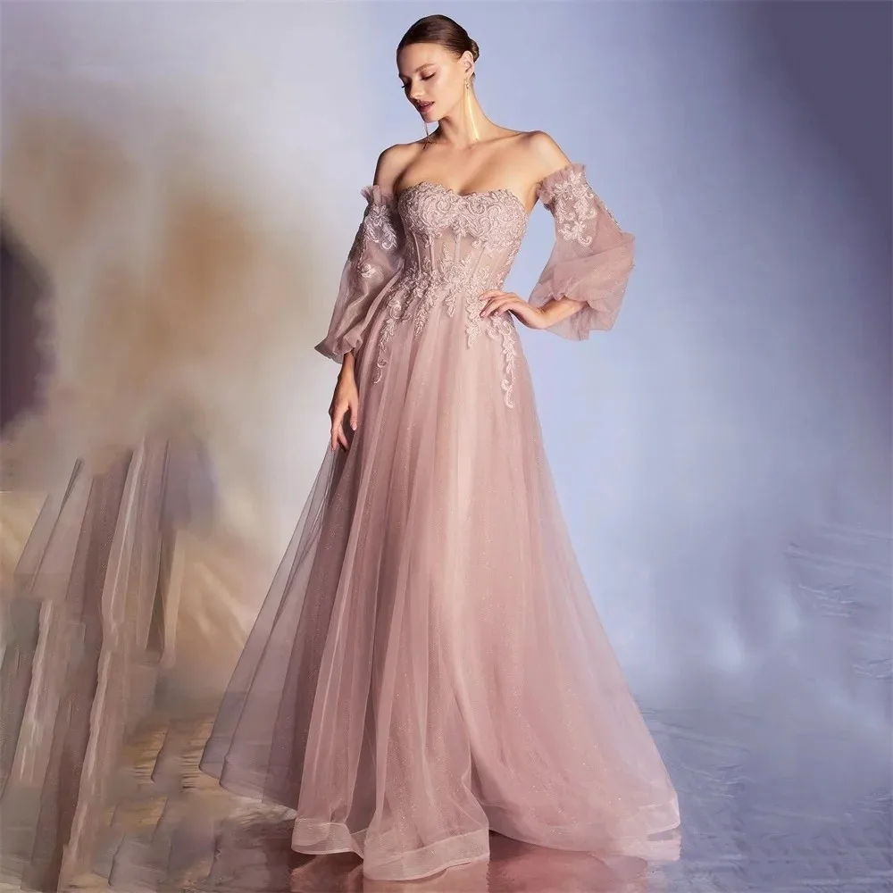 

Flora Dress Pink Tulle A-Line Prom Dress Sweetheart Removable Sleeves Off Shoulder Vestidos De Fiesta Applique Evening Gown